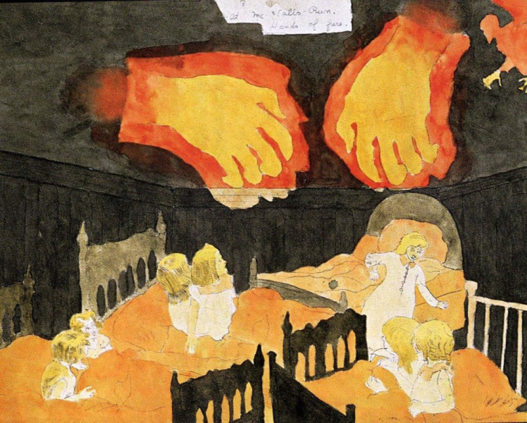 Henry Darger, <i>At McCalls run. A demon appears in room. Hands of fire. Torrington imperaled by explosion</i> (n.d.), watercolour, pencil and ink on paper | Image via <a href="https://www.moma.org/collection/works/156820?artist_id=28600&page=1&sov_referrer=artist" target=_blank">MOMA</a> (fair use)